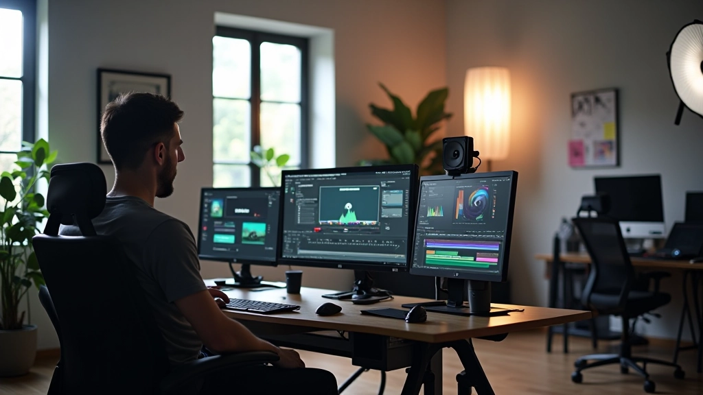 Estudio moderno de edición de vídeo con equipamiento profesional, mesas de trabajo y monitores de alta resolución