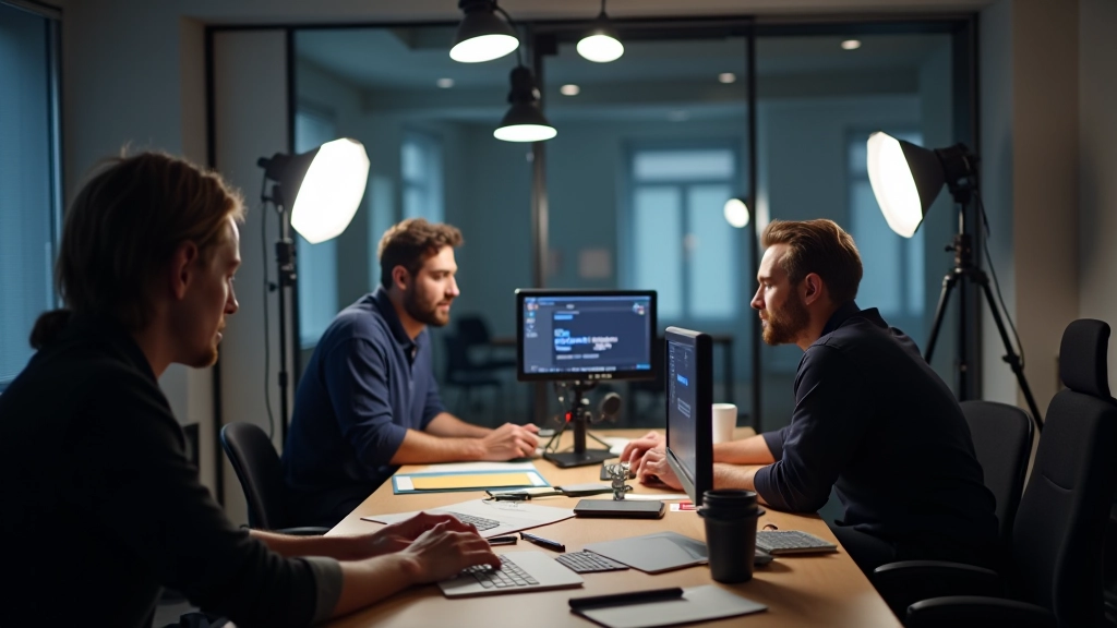 Equipo de creadores trabajando en estudio profesional de edición de vídeo con computadoras potentes